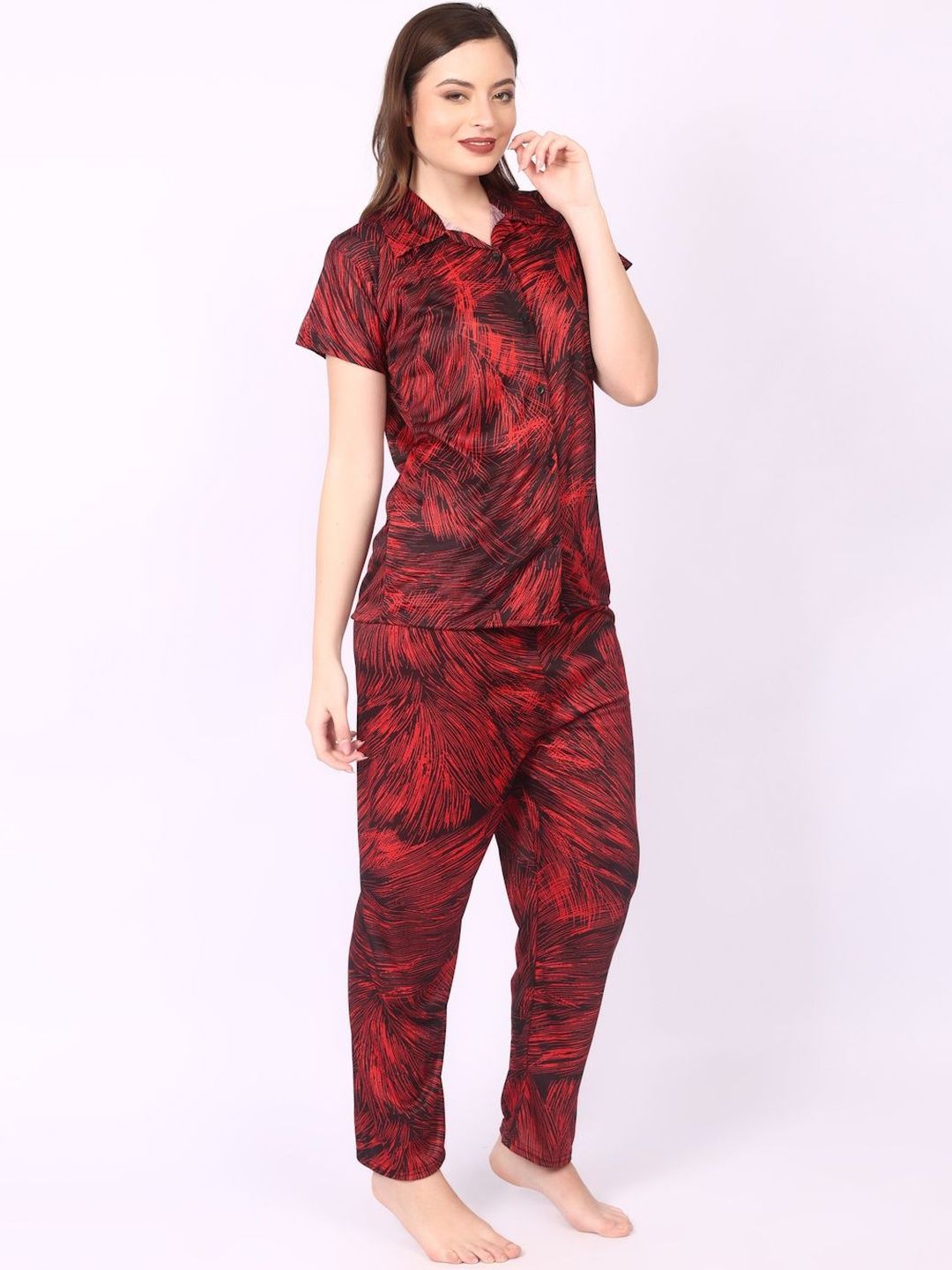 Women Red Satin Shirt Collar Short Sleeves Causal Night Suit