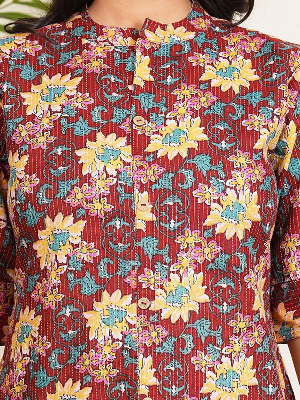 Floral Printed Band Collar A-line Kurta With Palazzos