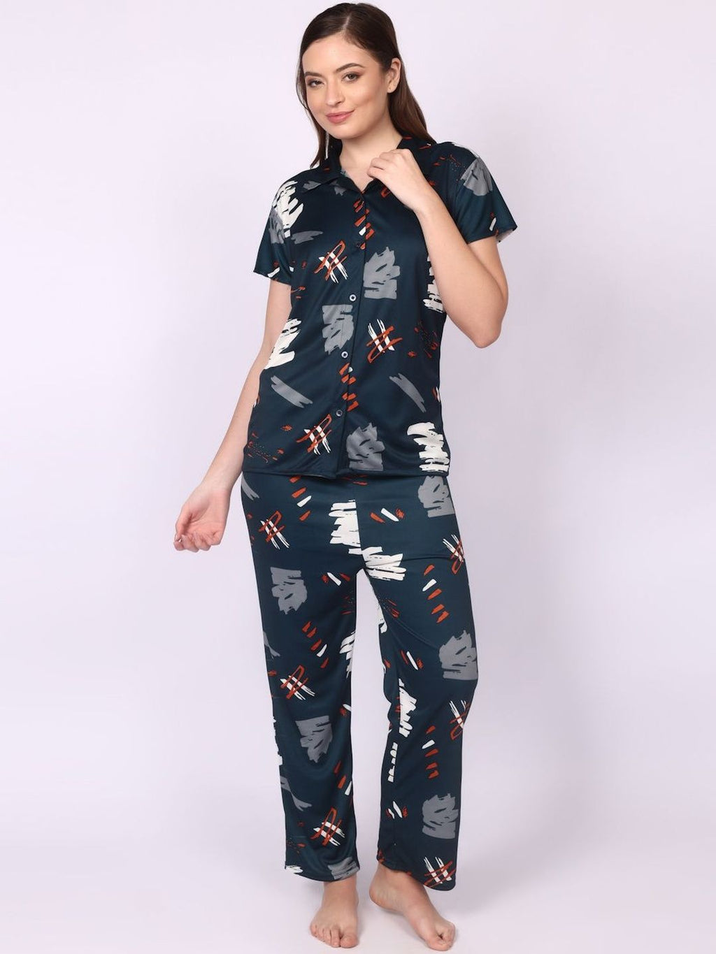 Be You Women Satin Abstract Print Top & Pyjama Night Suit