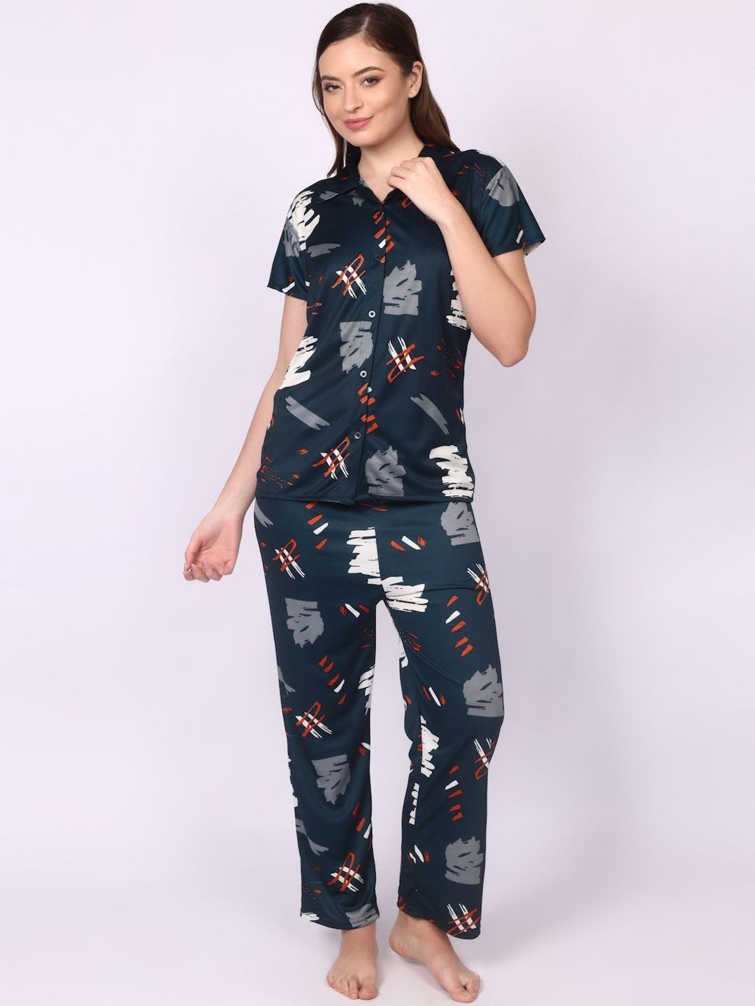 Be You Women Satin Abstract Print Top & Pyjama Night Suit